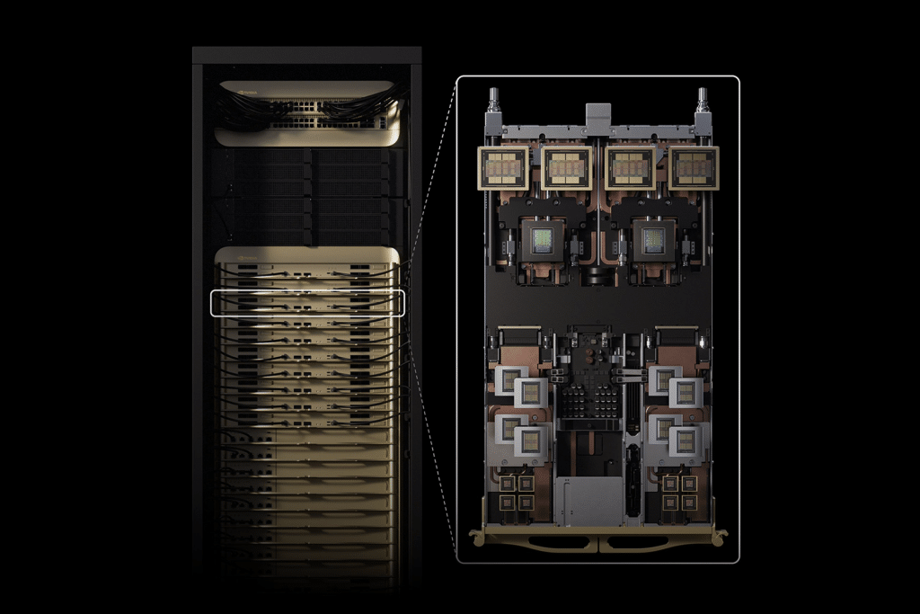 A computer server rack is shown on the left, with a detailed close-up of internal components—including Rubin CPX Chips and circuit boards—highlighted on the right. The black background enhances the focus on advanced hardware for software creation.