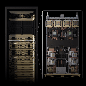 A computer server rack is shown on the left, with a detailed close-up of internal components—including Rubin CPX Chips and circuit boards—highlighted on the right. The black background enhances the focus on advanced hardware for software creation.
