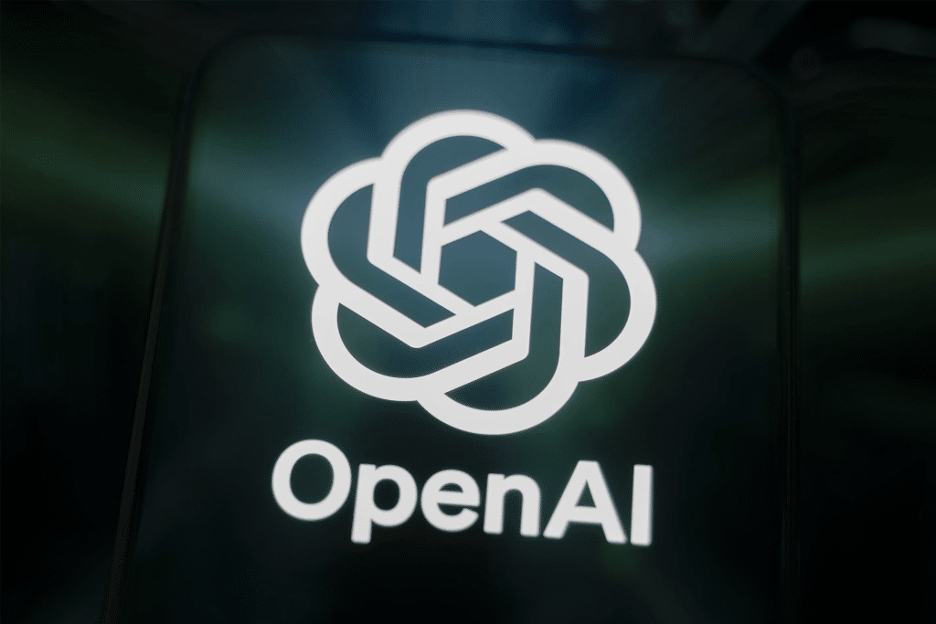 A glowing white geometric OpenAI logo appears above the word "OpenAI" on a dark background, with green light effects radiating outward—evoking the seamless experience of ChatGPT payment checkout.