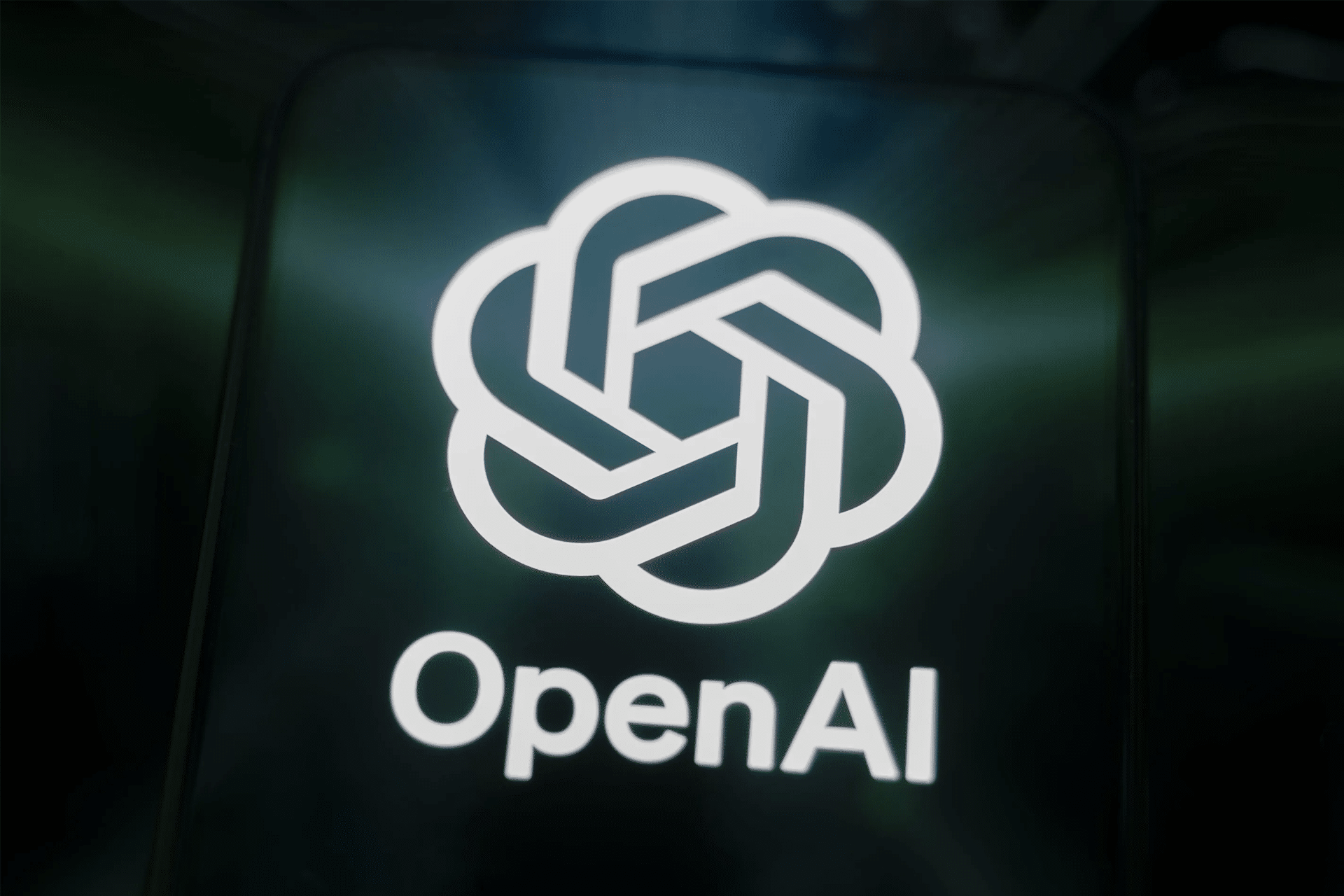 A glowing white geometric OpenAI logo appears above the word "OpenAI" on a dark background, with green light effects radiating outward—evoking the seamless experience of ChatGPT payment checkout.