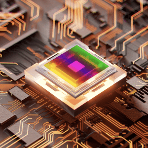 A glowing, multicolored quantum chip sits at the center of a circuit board, surrounded by illuminated pathways and electronic components, symbolizing advanced technology and digital innovation.