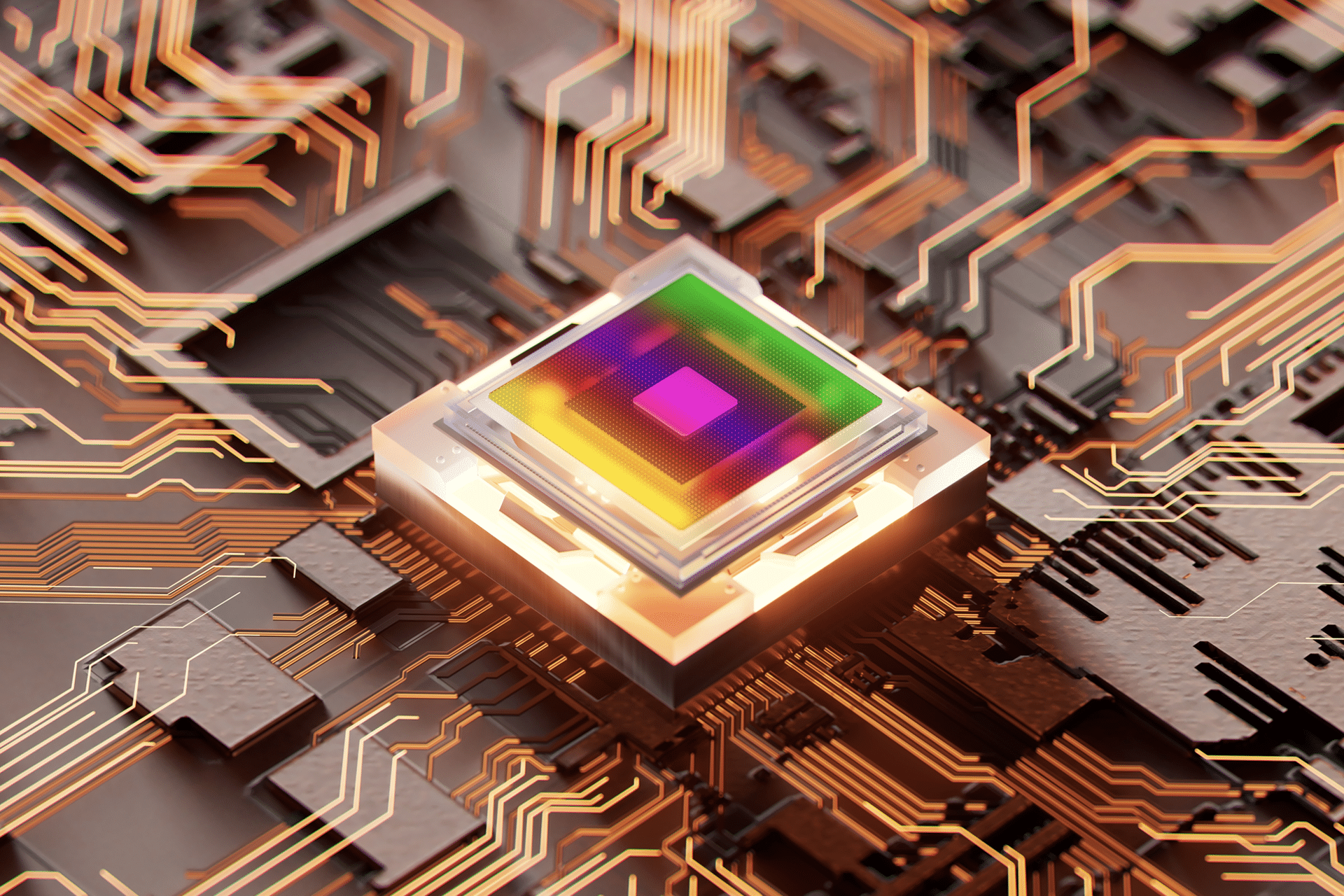 A glowing, multicolored quantum chip sits at the center of a circuit board, surrounded by illuminated pathways and electronic components, symbolizing advanced technology and digital innovation.
