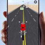 A hand holds a smartphone displaying the RidePods iPhone game; the screen shows a red motorcycle racing down a road behind cars with a desert landscape in the background.
