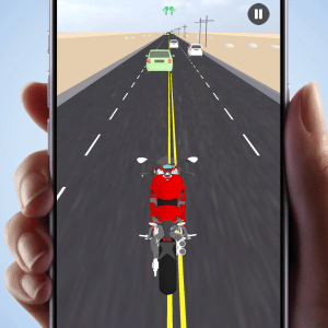 A hand holds a smartphone displaying the RidePods iPhone game; the screen shows a red motorcycle racing down a road behind cars with a desert landscape in the background.