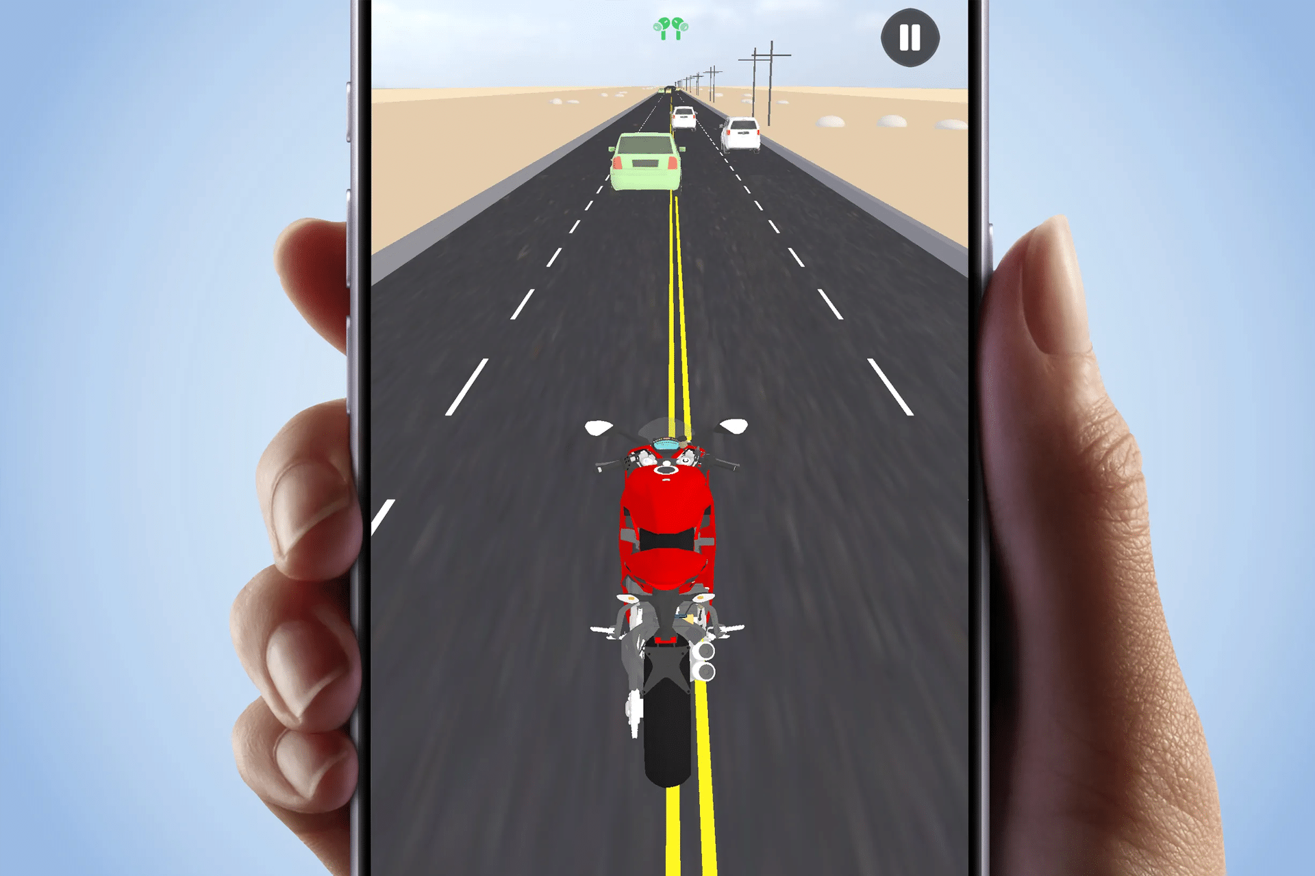 A hand holds a smartphone displaying the RidePods iPhone game; the screen shows a red motorcycle racing down a road behind cars with a desert landscape in the background.