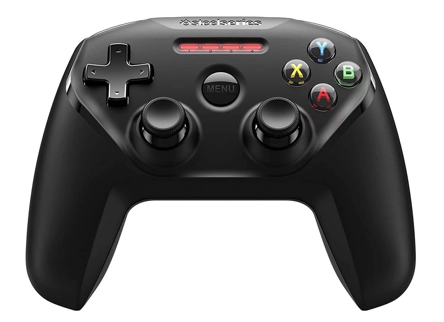 A black SteelSeries gaming controller with two analog sticks, a D-pad, four colored buttons labeled X, Y, B, A, and a central "Menu" button is shown from the front—perfect for pairing with SteelSeries Arctis Nova Elite for high-end sound in gaming.