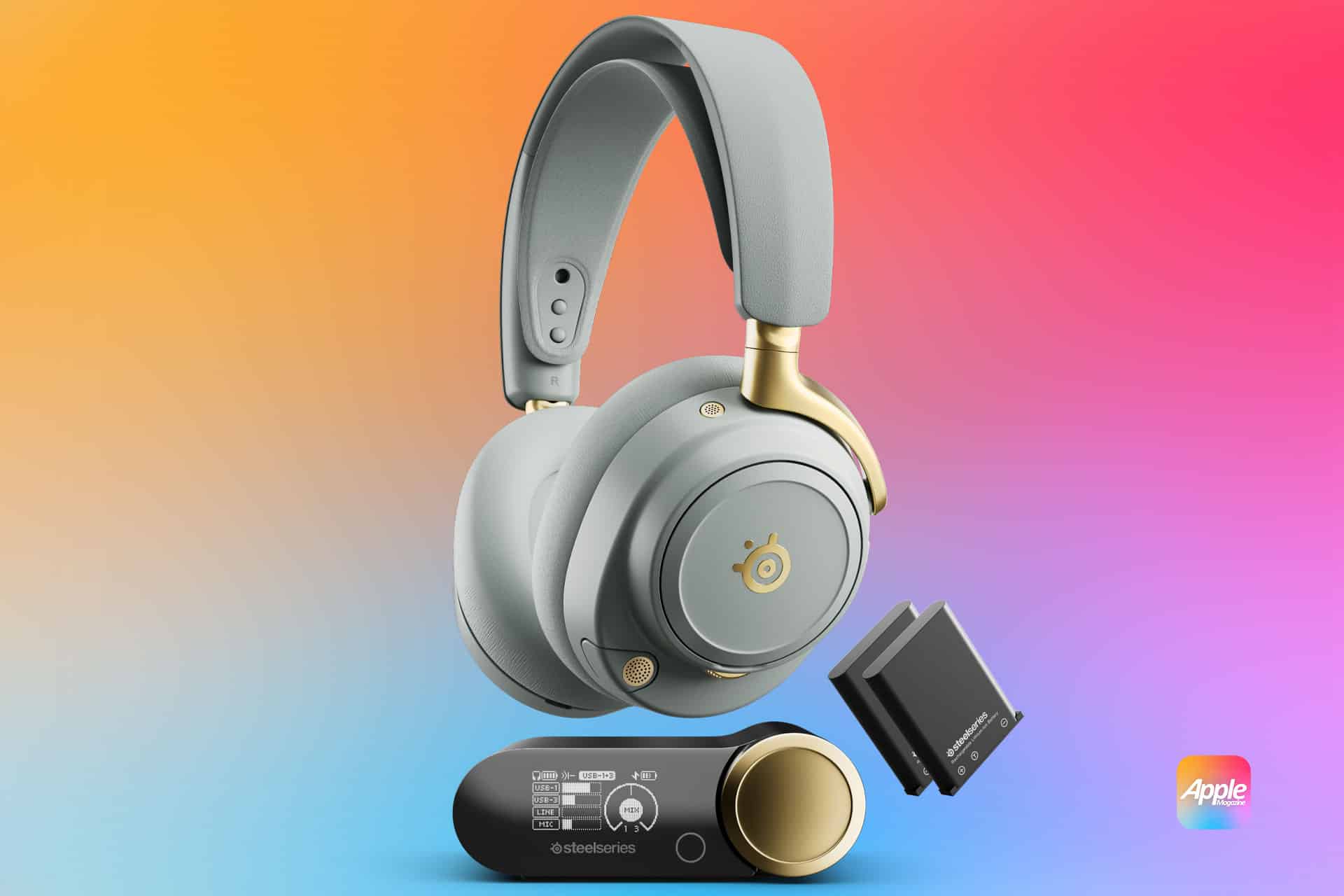 SteelSeries Arctis Nova Elite gaming headset. Gray and gold SteelSeries Arctis Nova Elite wireless headphones with a detachable microphone, wireless transmitter, and battery pack are shown on a colorful gradient background. Designed for gaming, they deliver high-end sound. An Apple logo is in the bottom right corner.