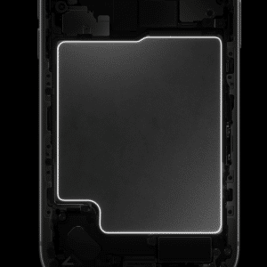 Close-up view of the interior of an iPhone 17 Pro, showing a large, rectangular iPhone Vapor Chamber outlined with a glowing white border, surrounded by various internal parts and circuitry.