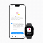 An iPhone and Apple Watch display a “Possible Hypertension” alert using advanced Risk Detection in a health app, with next steps and an option to set up a blood pressure log on a white background.