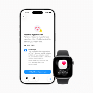 An iPhone and Apple Watch display a “Possible Hypertension” alert using advanced Risk Detection in a health app, with next steps and an option to set up a blood pressure log on a white background.