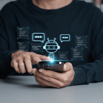 A person in a dark shirt uses a smartphone at a table. Digital icons, including a chatbot and chat bubbles, are superimposed above the phone, hinting at interaction with AI or Apple testing chatbot technology.