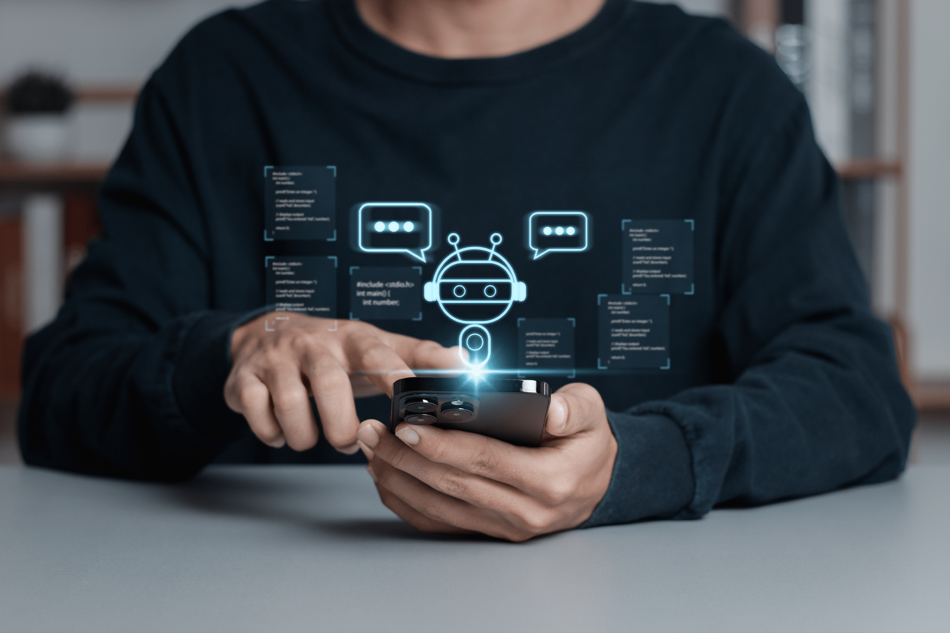 A person in a dark shirt uses a smartphone at a table. Digital icons, including a chatbot and chat bubbles, are superimposed above the phone, hinting at interaction with AI or Apple testing chatbot technology.