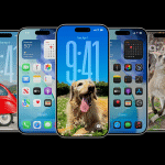 Five iPhones are displayed side by side. Their screens show a red car, app icons, a smiling dog, colorful icons with a calendar widget, and a kangaroo—all highlighting new features of iOS 26. Each phone displays the time as 9:41.