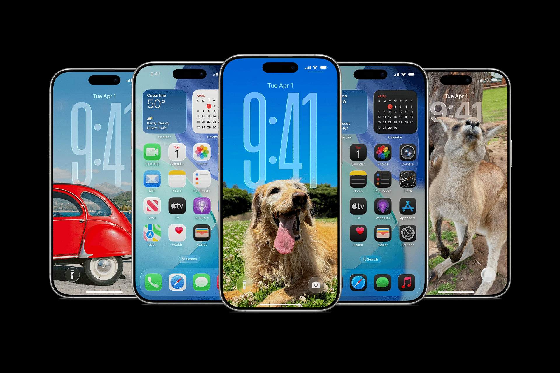 Five iPhones are displayed side by side. Their screens show a red car, app icons, a smiling dog, colorful icons with a calendar widget, and a kangaroo—all highlighting new features of iOS 26. Each phone displays the time as 9:41.