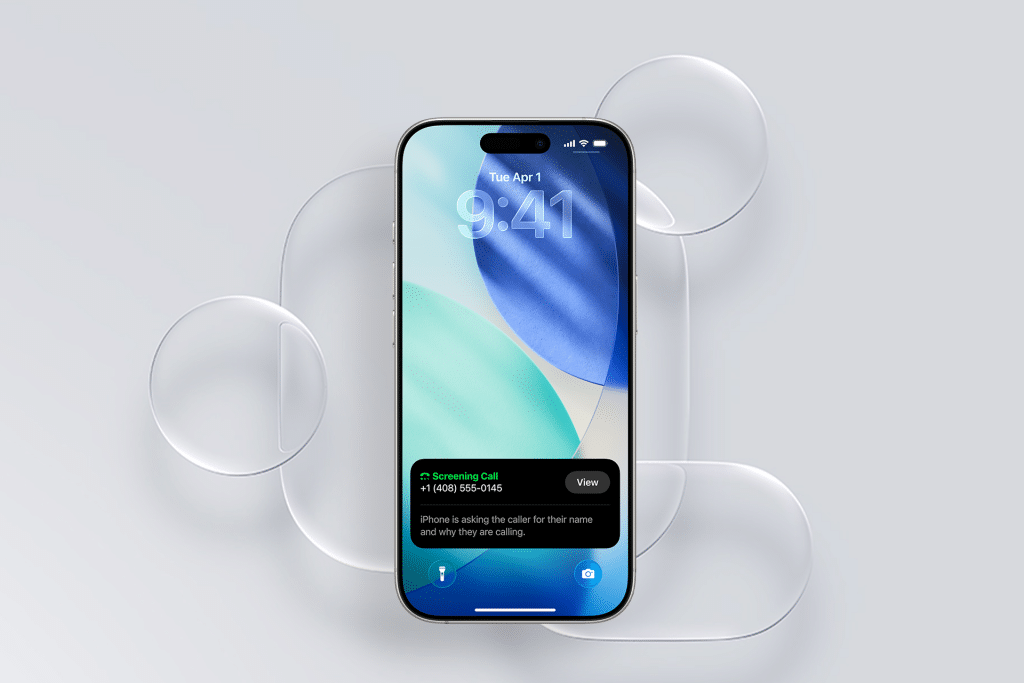 A smartphone running iOS 26 displays a call screening notification at 9:41 on Tuesday, April 1. The background features abstract shapes in blue and green tones, creating an optical illusion effect.