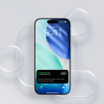 A smartphone running iOS 26 displays a call screening notification at 9:41 on Tuesday, April 1. The background features abstract shapes in blue and green tones, creating an optical illusion effect.
