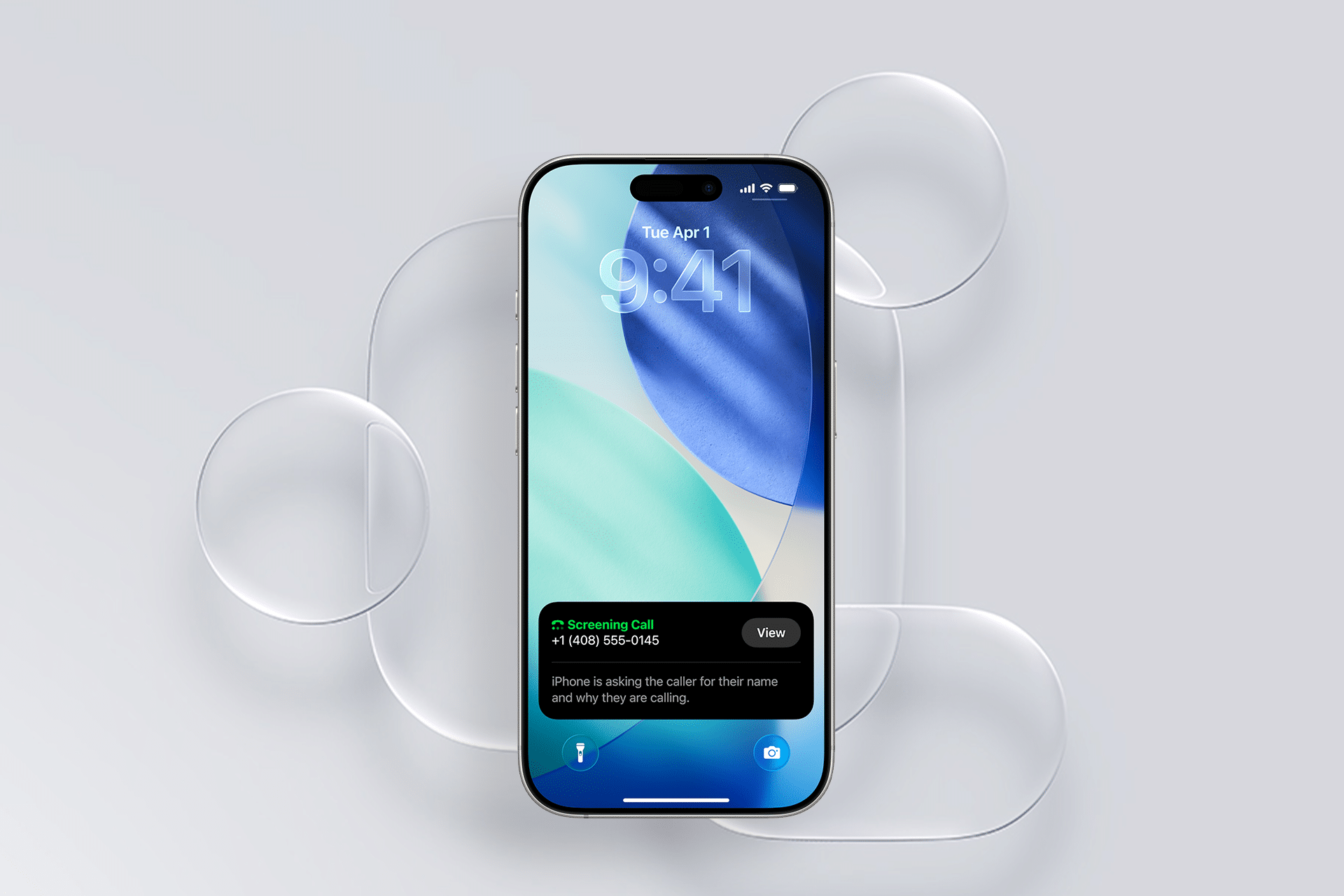 A smartphone running iOS 26 displays a call screening notification at 9:41 on Tuesday, April 1. The background features abstract shapes in blue and green tones, creating an optical illusion effect.