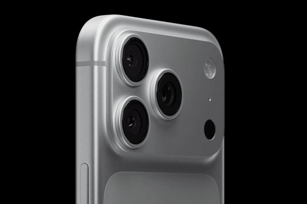Close-up of the top corner of a silver smartphone, showcasing the advanced iPhone 17 Pro camera with three lenses, a flash, and a small sensor on a sleek, metallic surface against a black background.