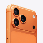 Close-up of the back panel of an orange iPhone 18 Pro featuring three camera lenses, an LED flash, and additional sensors against a light background.