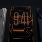 Three iPhones are displayed: one silver and one black showing their backs with triple camera lenses, and a center phone—possibly the iPhone 17 Pro Max—showing its screen with the time 9:41, Tuesday, April 1 on a dark abstract background.