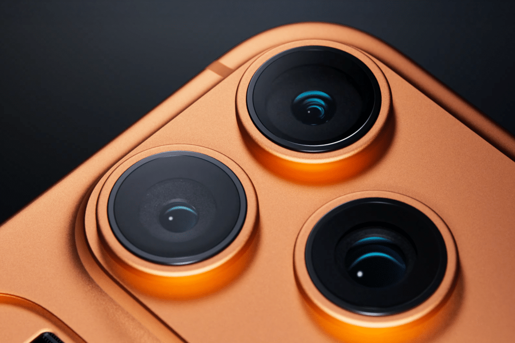 Close-up of three camera lenses on the back of an orange smartphone, highlighting its metallic finish and modern design—perfect for capturing stunning shots with the iPhone 17 Pro camera system.