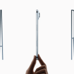 A hand holds a slim iPhone Air vertically against a white background. Large, thin letters "A" on the left and "R" on the right frame the phone, highlighting its thin profile and key differences from previous models.