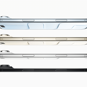 Side view of four smartphones in light blue, gold, silver, and black stacked horizontally, highlighting their slim designs—perfectly illustrating Apple moving luxury away from the Pro line against a white background.