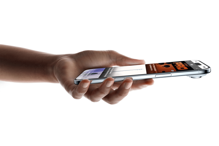 A hand holds a Super-Thin iPhone Air horizontally, displaying a digital wallet app with a credit card and event ticket visible on the sleek metallic-edged screen.