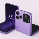 A purple Foldable iPhone is shown half-open and closed, displaying the time 9:41 and date Tuesday, March 26. The closed Apple phone reveals dual rear cameras and a small external display, hinting at a potential sales surge.