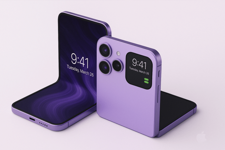A purple Foldable iPhone is shown half-open and closed, displaying the time 9:41 and date Tuesday, March 26. The closed Apple phone reveals dual rear cameras and a small external display, hinting at a potential sales surge.