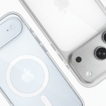 Close-up of the backs of two smartphones in white cases, highlighting key differences: one resembles the iPhone Air with a single camera and MagSafe design, while the other, likely an iPhone 17 Pro, features three cameras and a flash. Both show Apple logos.