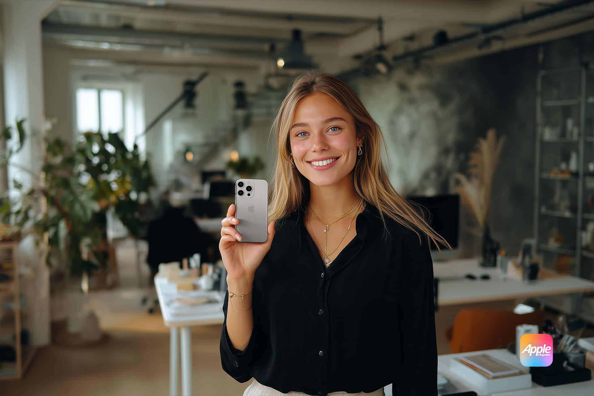 A smiling woman stands in a modern office, holding up a smartphone. She wears a black blouse and gold jewelry. Desks, computers, and office decor are visible in the bright background. An Apple logo appears in the corner.
