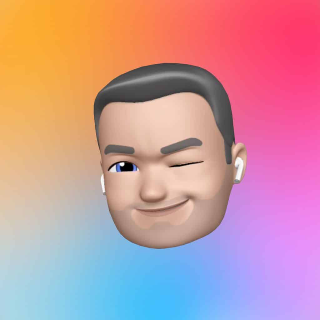 A 3D cartoon avatar of a man with short dark hair, beard, and stubble is winking and smiling while wearing white wireless earbuds, set against a gradient background of yellow, orange, pink, and blue.