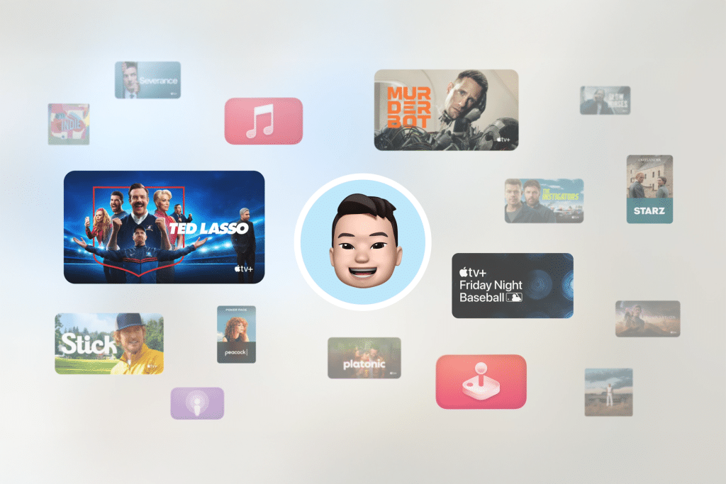 A cartoon-style avatar of a smiling person is centered, surrounded by floating icons and images of TV shows, movies, and apps—like "Ted Lasso" and "Friday Night Baseball"—all set against a light background that highlights the polished design of tvOS 26 on Apple TV.