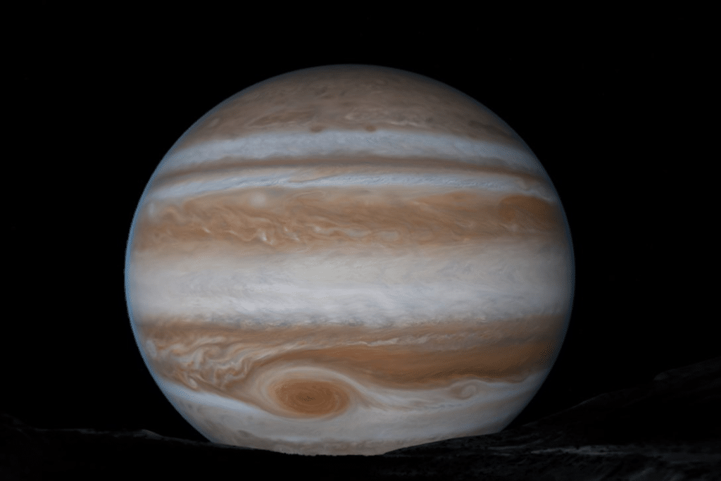 A detailed image of Jupiter against a black background, showing its swirling bands of brown, orange, and white clouds and the prominent Great Red Spot—perfect for an immersive Jupiter Environment on Apple Vision Pro with visionOS 26.