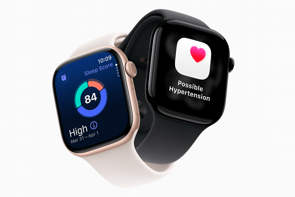 Two smartwatches display health apps; one, resembling an Apple Watch, shows a sleep score of 84 with sleep data, while the other displays a heart icon and the alert “Possible Hypertension,” demonstrating helpful Hypertension Alerts. The bands are white and black.