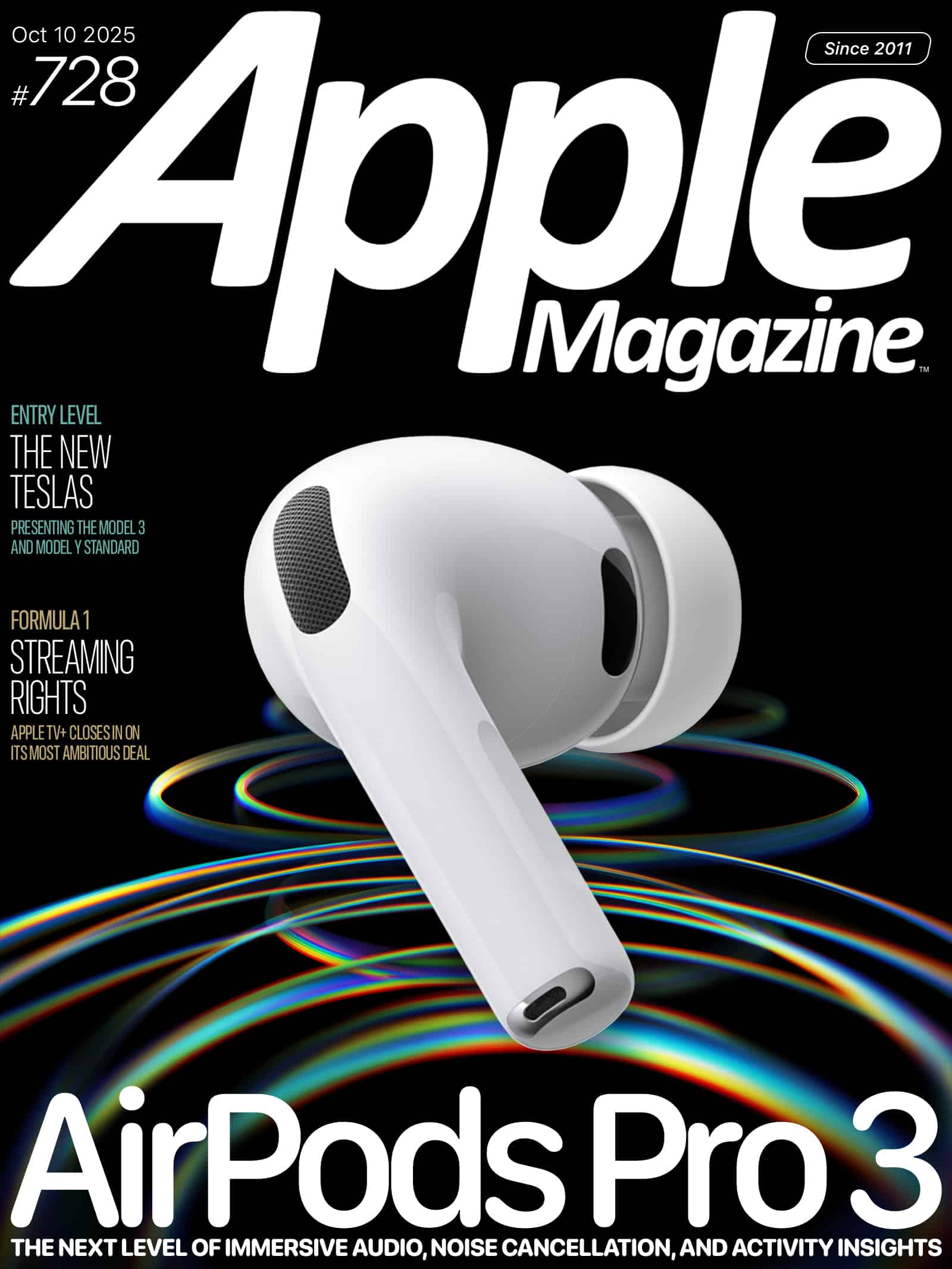 Cover of Apple Magazine featuring a large image of a single AirPods Pro earbud over colorful sound wave graphics, with headlines about AirPods Pro 3, new Teslas, and Apple TV streaming rights.
