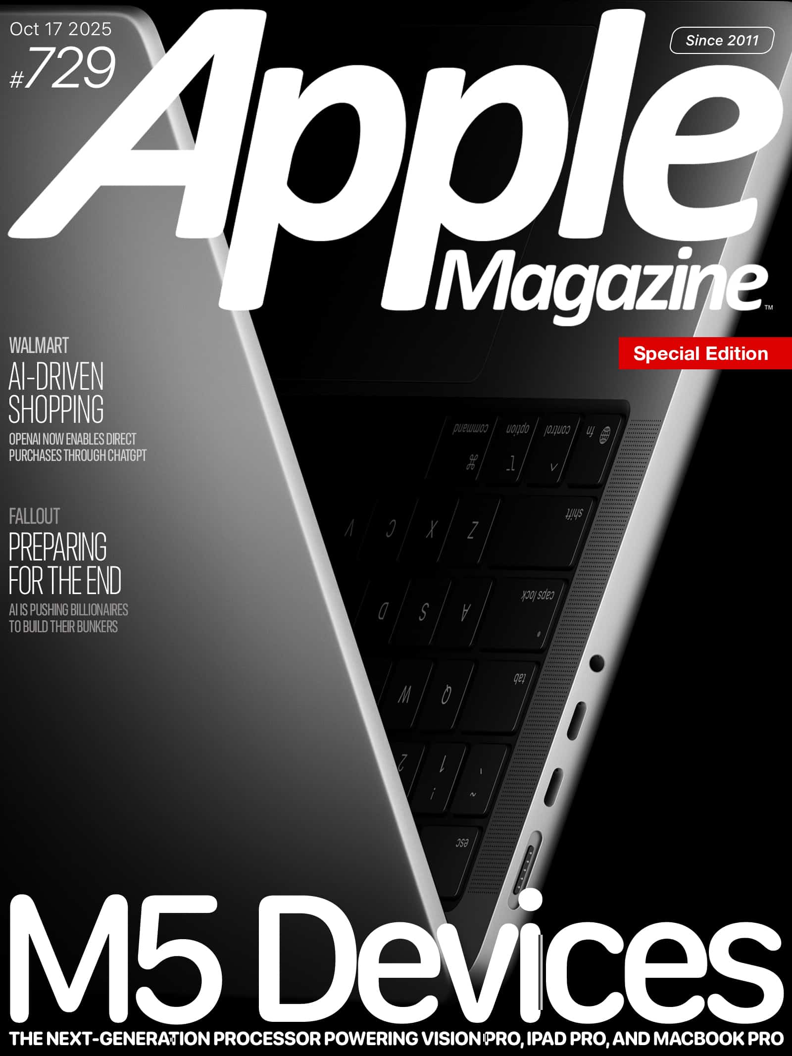 Apple Magazine cover featuring a close-up of a MacBook keyboard and edge with headlines about AI-driven shopping, billionaires preparing for the end, and “M5 Devices” as the main focus.