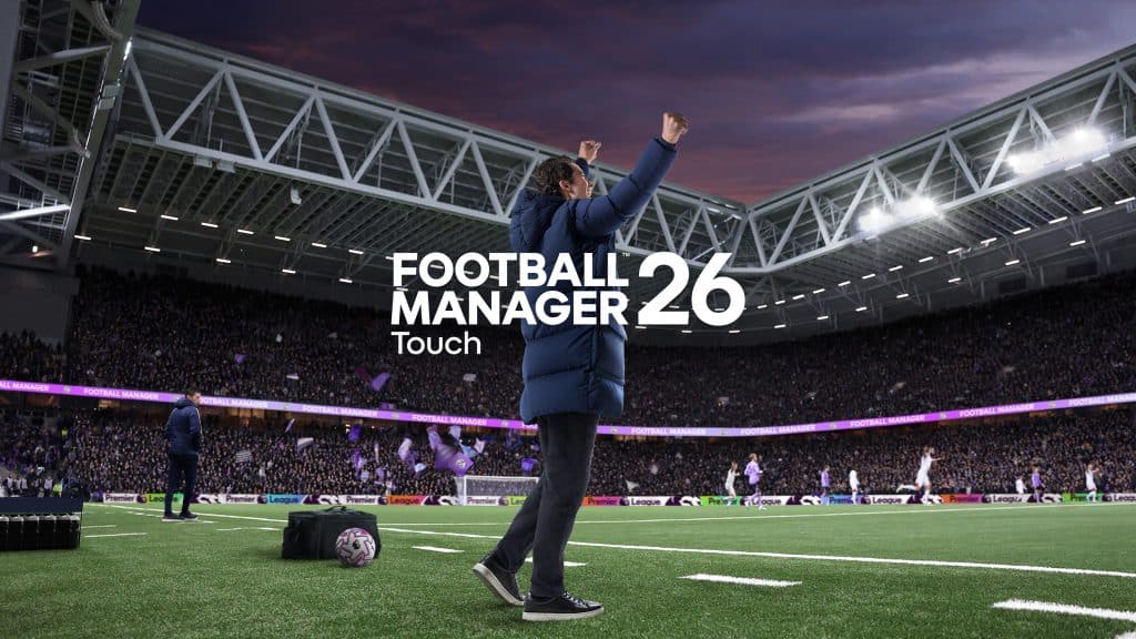 A football manager celebrates with raised arms on the sidelines of a packed stadium at dusk. The text "Football Manager 26 Touch" appears in the center of the image.