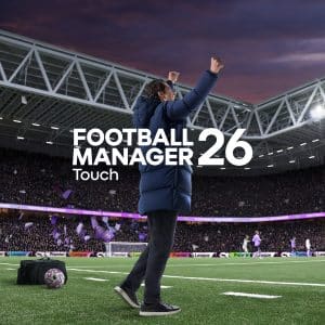 A football manager celebrates with raised arms on the sidelines of a packed stadium at dusk. The text "Football Manager 26 Touch" appears in the center of the image.