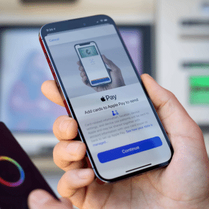 A person holds a smartphone setting up Apple Pay, with a bank card in the other hand. An ATM machine is blurred in the background, highlighting the importance of staying alert to Apple Pay scams.