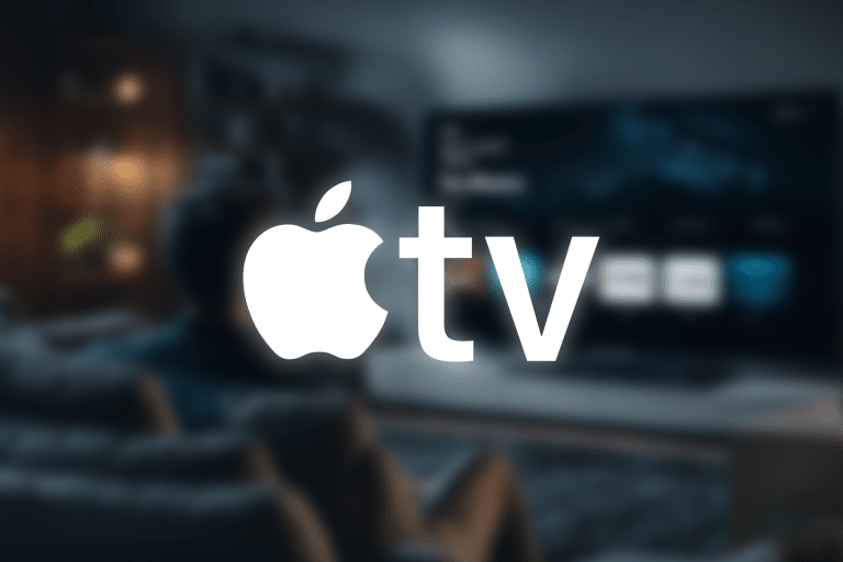 A person sits on a couch in a dimly lit living room, watching a large TV screen. The Apple TV+ becomes Apple TV logo is prominently displayed in the foreground, overlaying the scene.