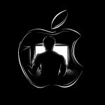 A silhouette of a person sitting at a computer, illuminated by the screen, is framed inside an outline of the Apple logo—evoking the intrigue of Apple’s $2 million bug bounty—set against a black background.