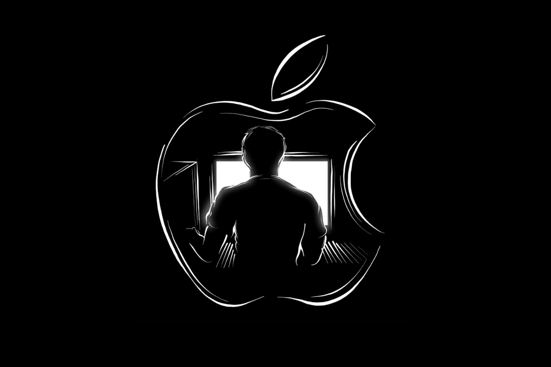 A silhouette of a person sitting at a computer, illuminated by the screen, is framed inside an outline of the Apple logo—evoking the intrigue of Apple’s $2 million bug bounty—set against a black background.