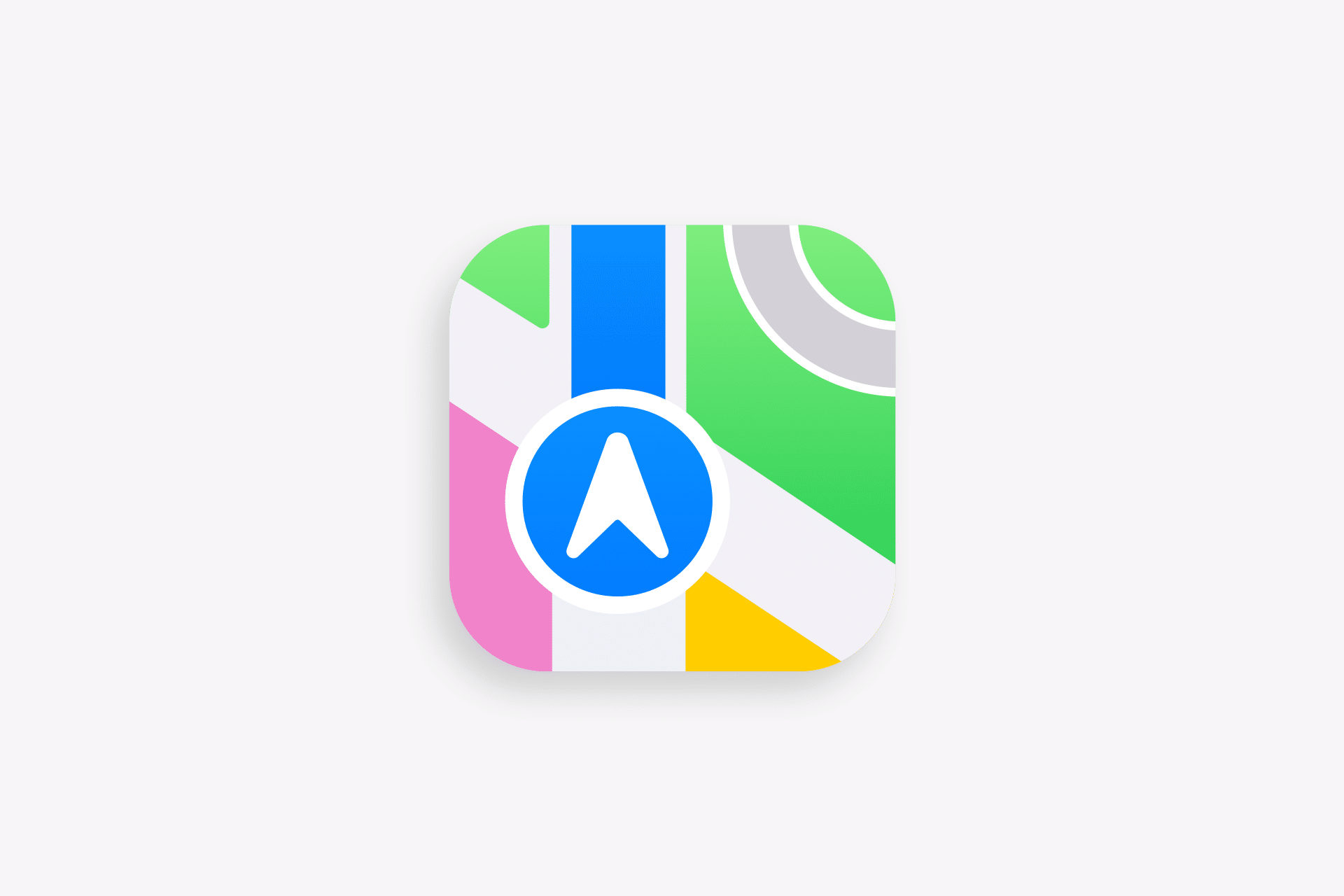 Apple Maps ads 2026 app icon featuring a stylized map with colorful sections in green, yellow, pink, white, and gray, a bold blue road, and a blue circle with a white arrow in the center.