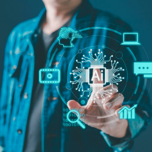 A person in a denim jacket touches a virtual screen displaying a glowing AI icon, symbolizing Big Tech AI spending amid digital icons for technology, data, communication, and analytics on a dark background.