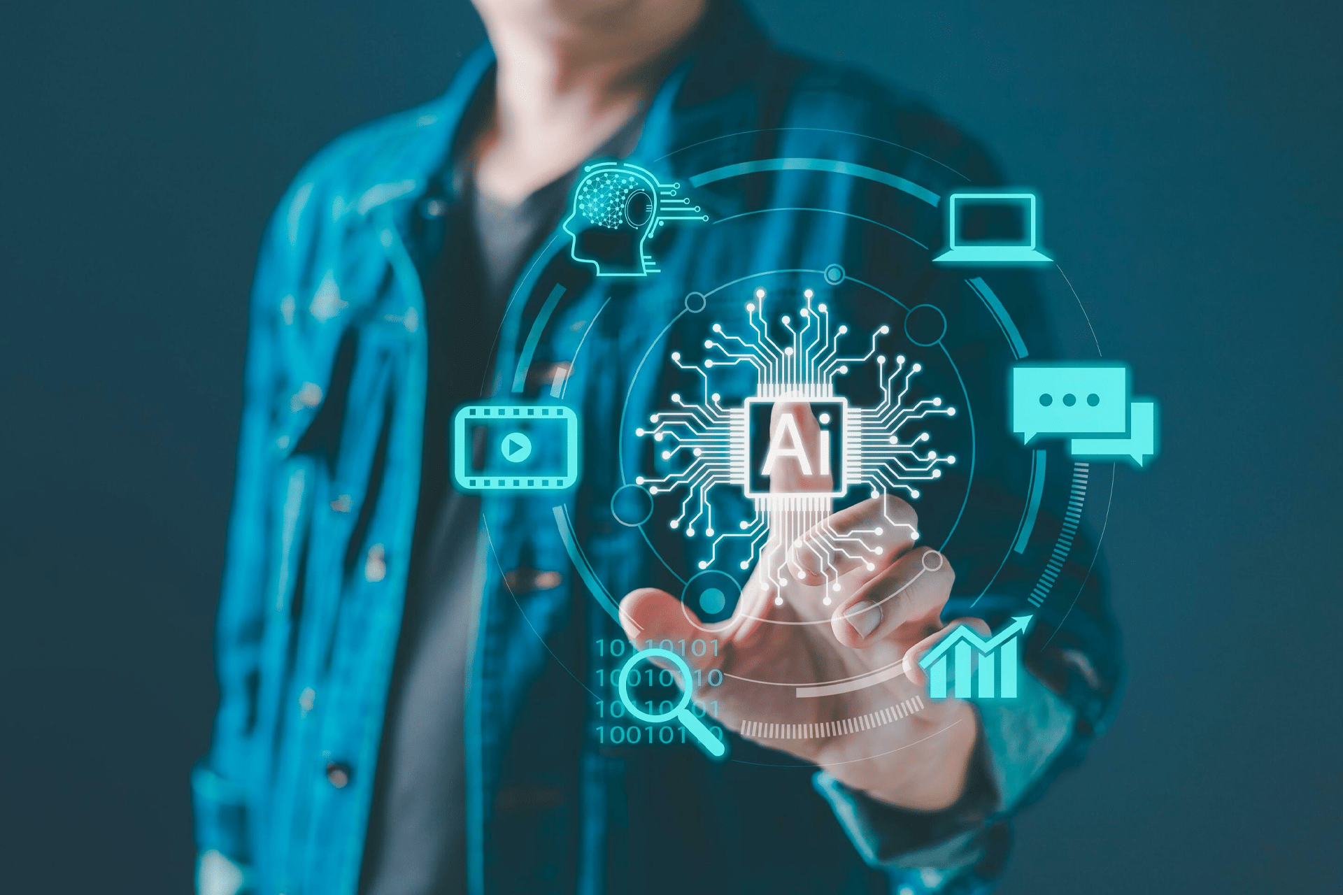A person in a denim jacket touches a virtual screen displaying a glowing AI icon, symbolizing Big Tech AI spending amid digital icons for technology, data, communication, and analytics on a dark background.