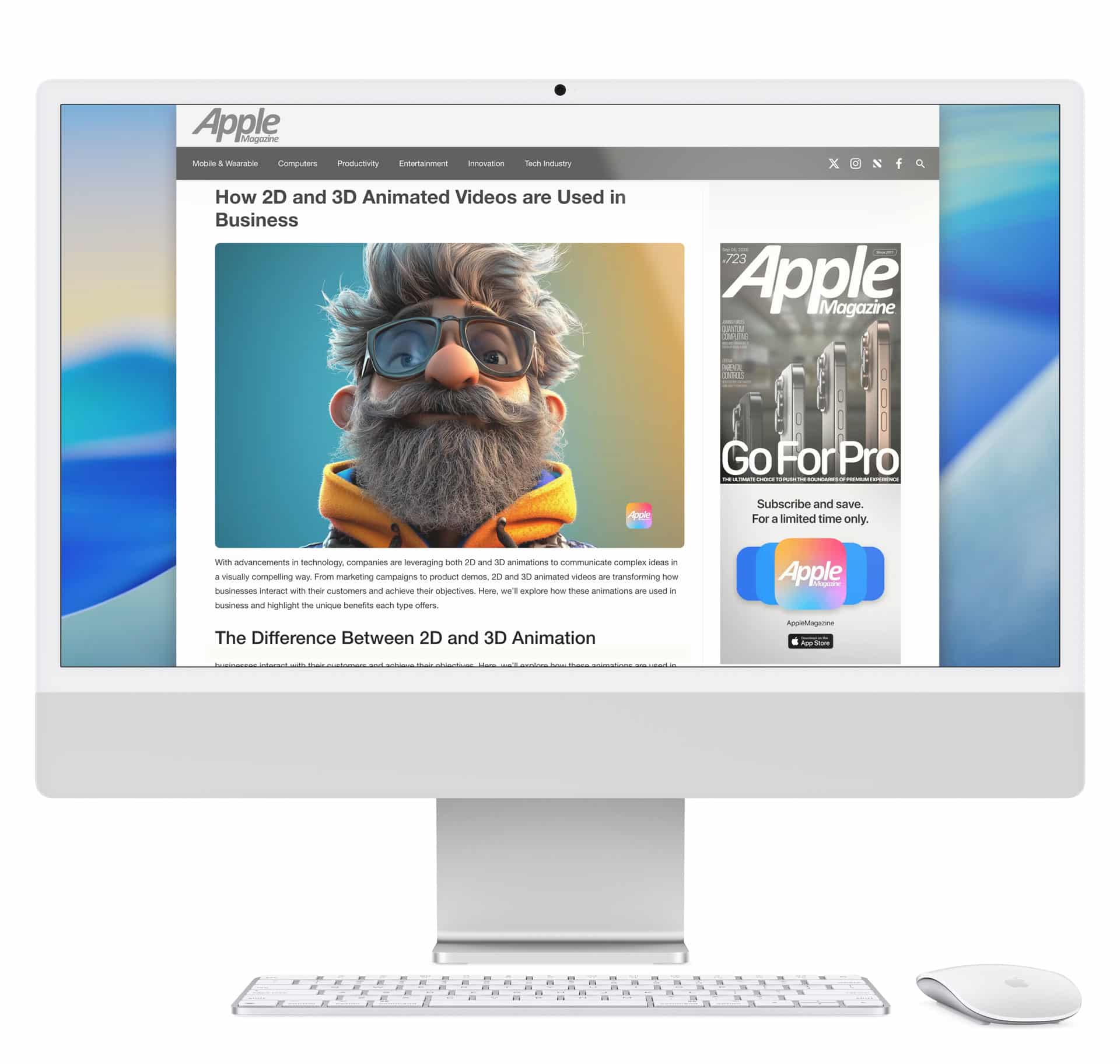 A computer screen displays an Apple Magazine webpage featuring an article on 2D and 3D animated videos in business, showing how companies advertise, with an illustration of a man with glasses and a beard next to a keyboard and mouse.