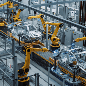 Robotic arms, including advanced China industrial robots, assemble car bodies on an automated production line in a modern factory, surrounded by metal frameworks and control panels.