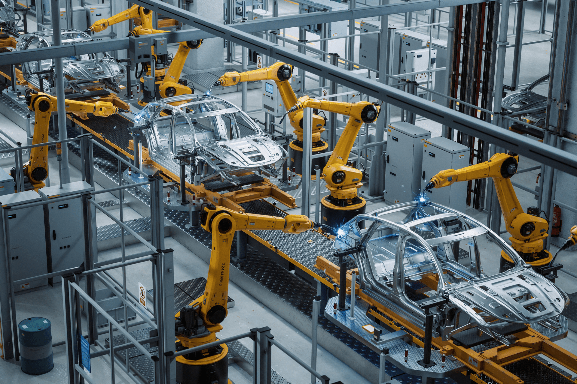 Robotic arms, including advanced China industrial robots, assemble car bodies on an automated production line in a modern factory, surrounded by metal frameworks and control panels.